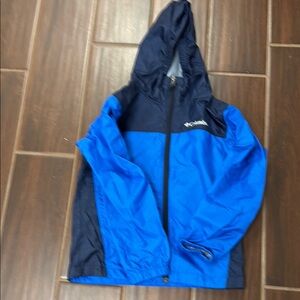 Columbia Blue Raincoat with Hood and Color Blocking